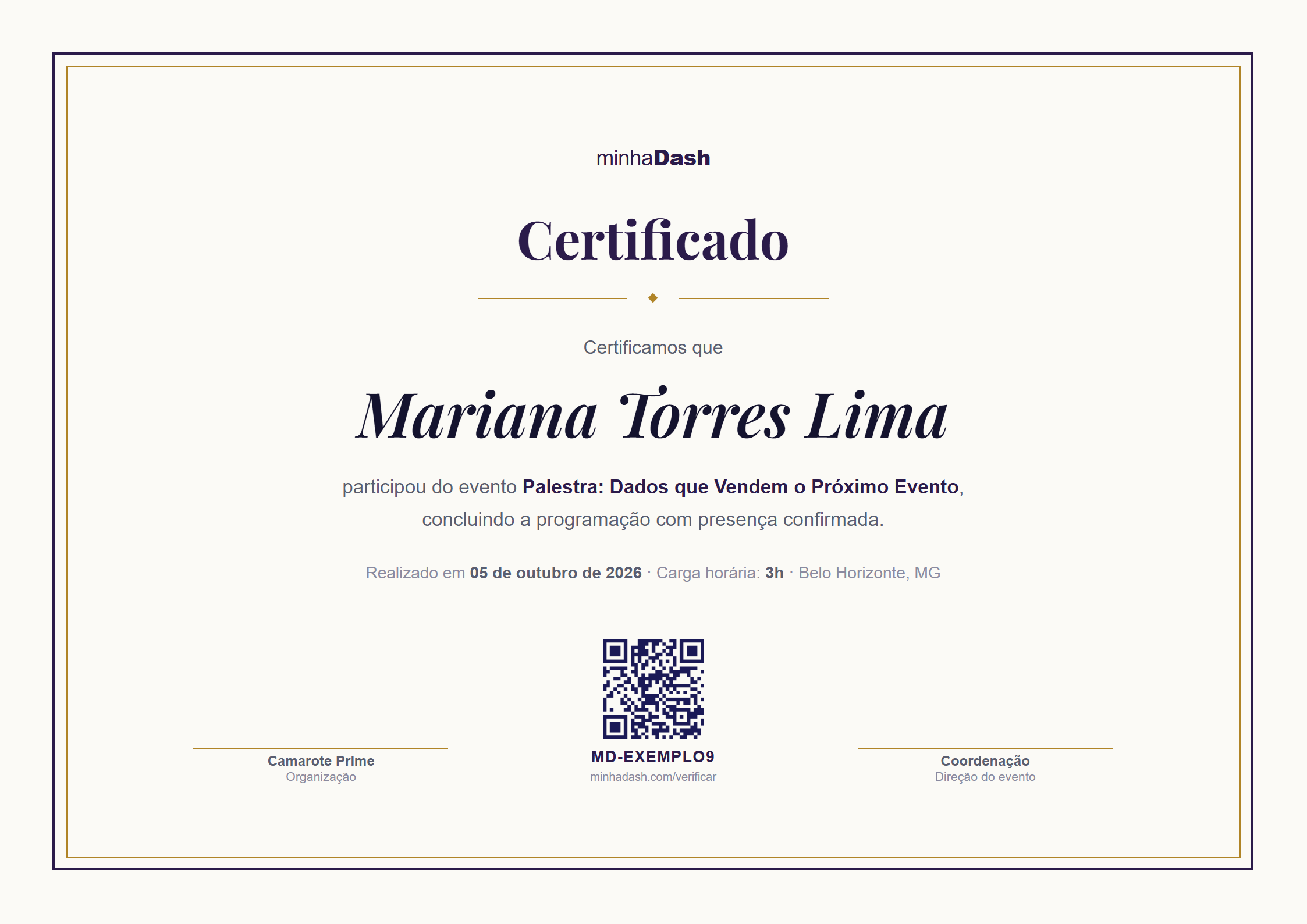 Modelo de certificado clássico com moldura formal e QR Code