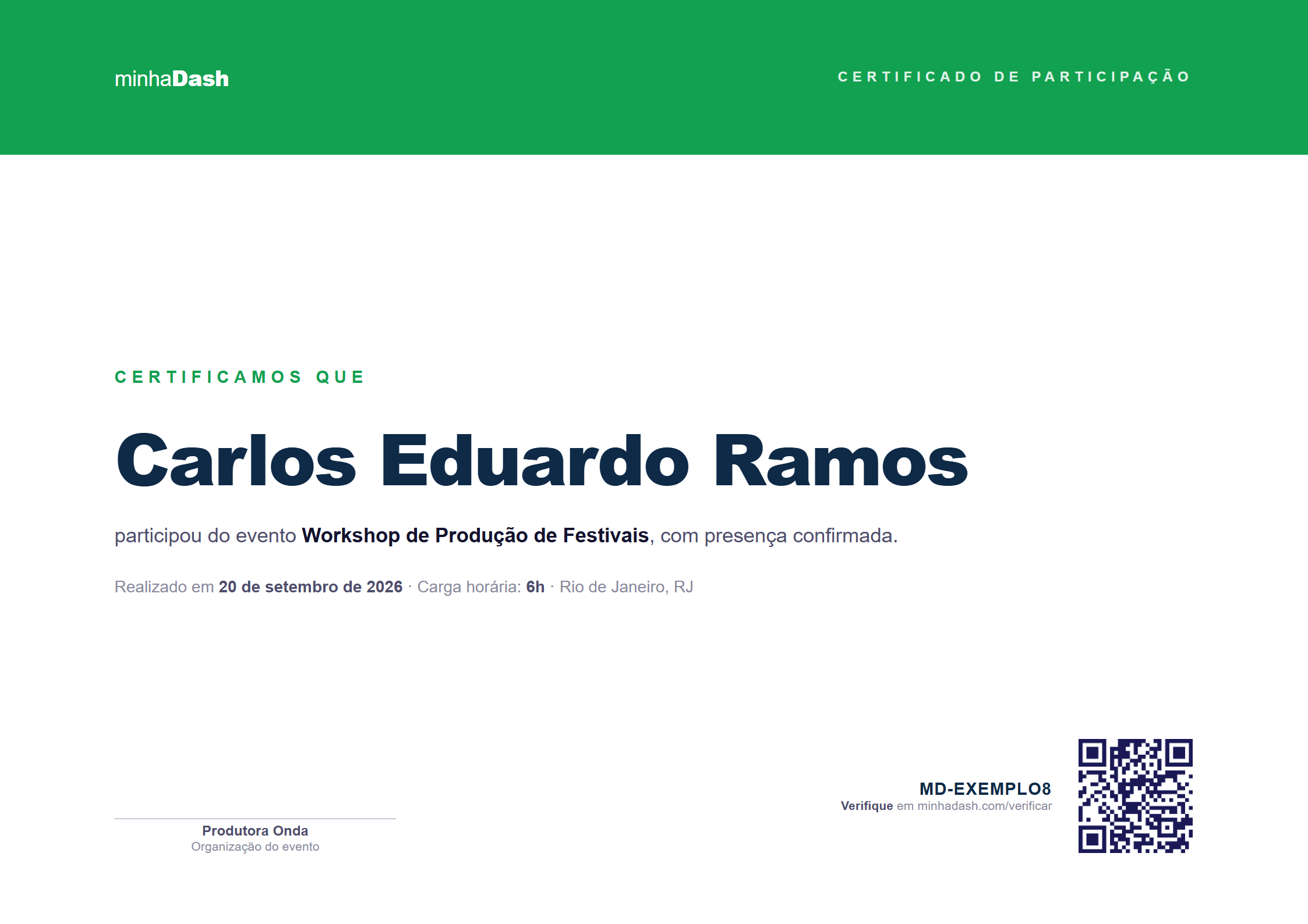 Modelo de certificado com faixa de cor no topo e QR Code