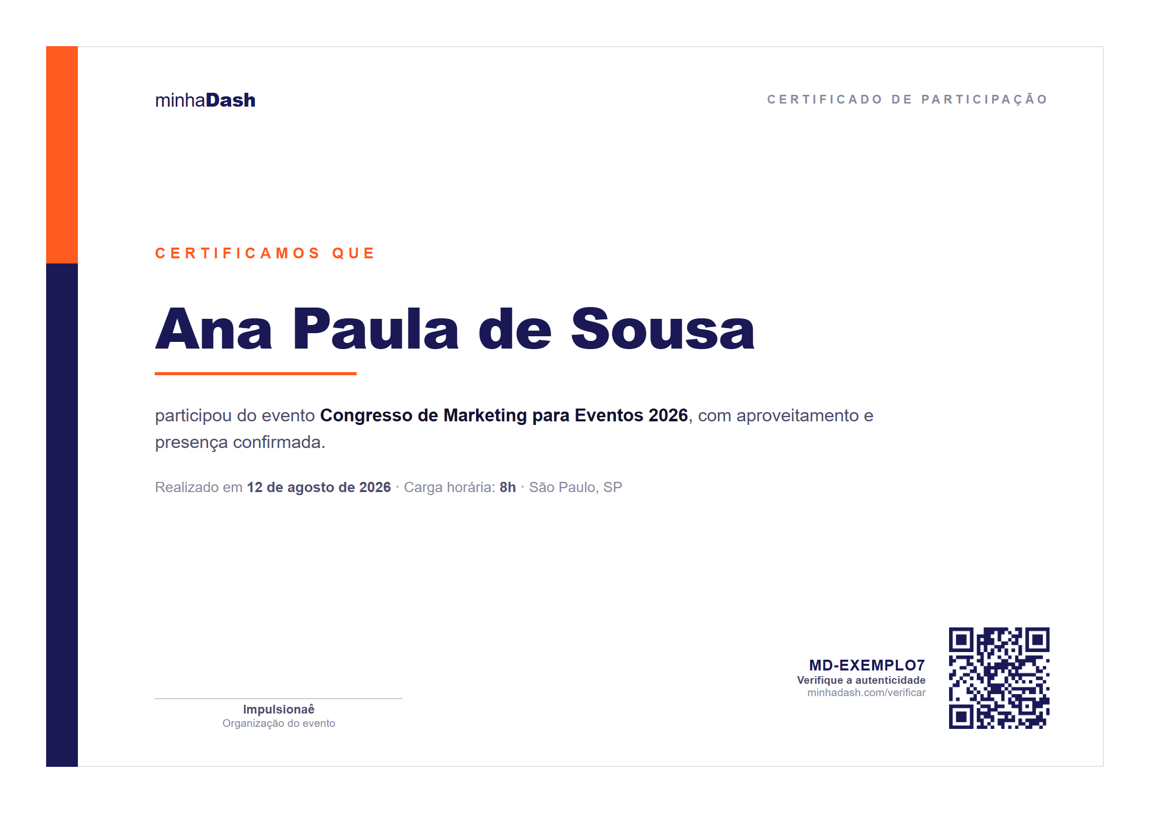 Certificado de participação emitido pela minhaDash, com QR Code de verificação
